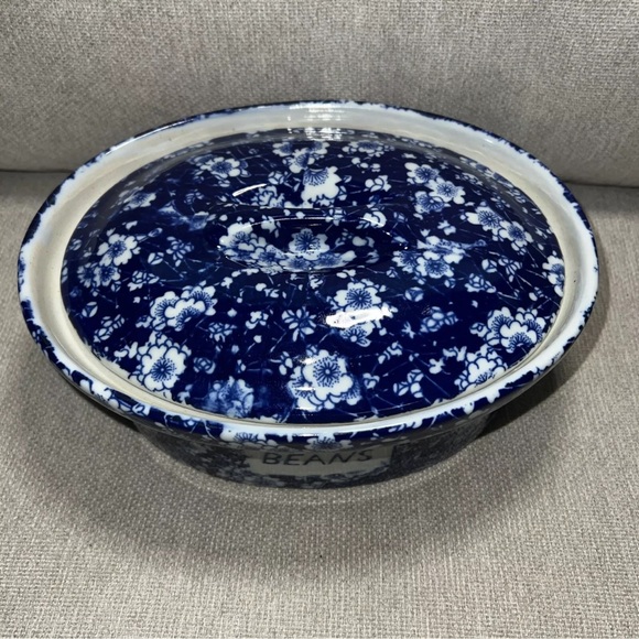 RARE  Victoria Ware Ironstone Blue & White Floral Transferware Bean Pot W/ Lid - Picture 3 of 8